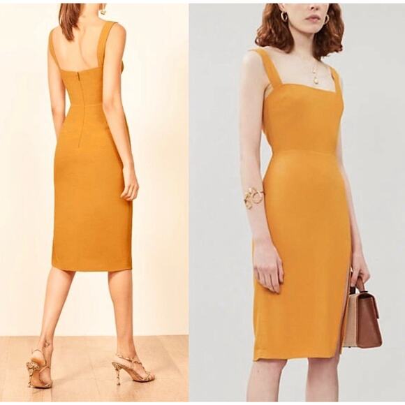 Reformation 0 Goldenrod Crepe Square neck Dress Midi Sheath Mustard Yellow K4 - Picture 2 of 7